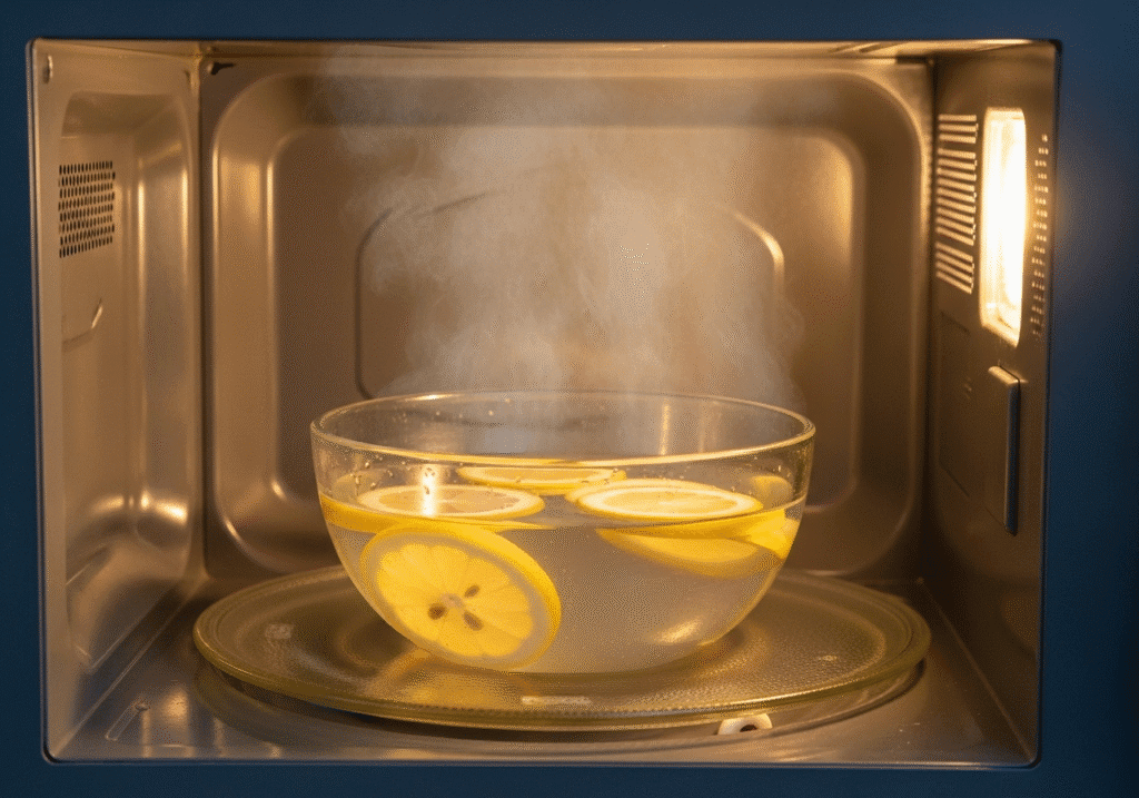 মাইক্রোওয়েভ পরিষ্কার করার জন্য লেবুর স্লাইসসহ এক বাটি পানি ভেতরে রাখা হয়েছে।