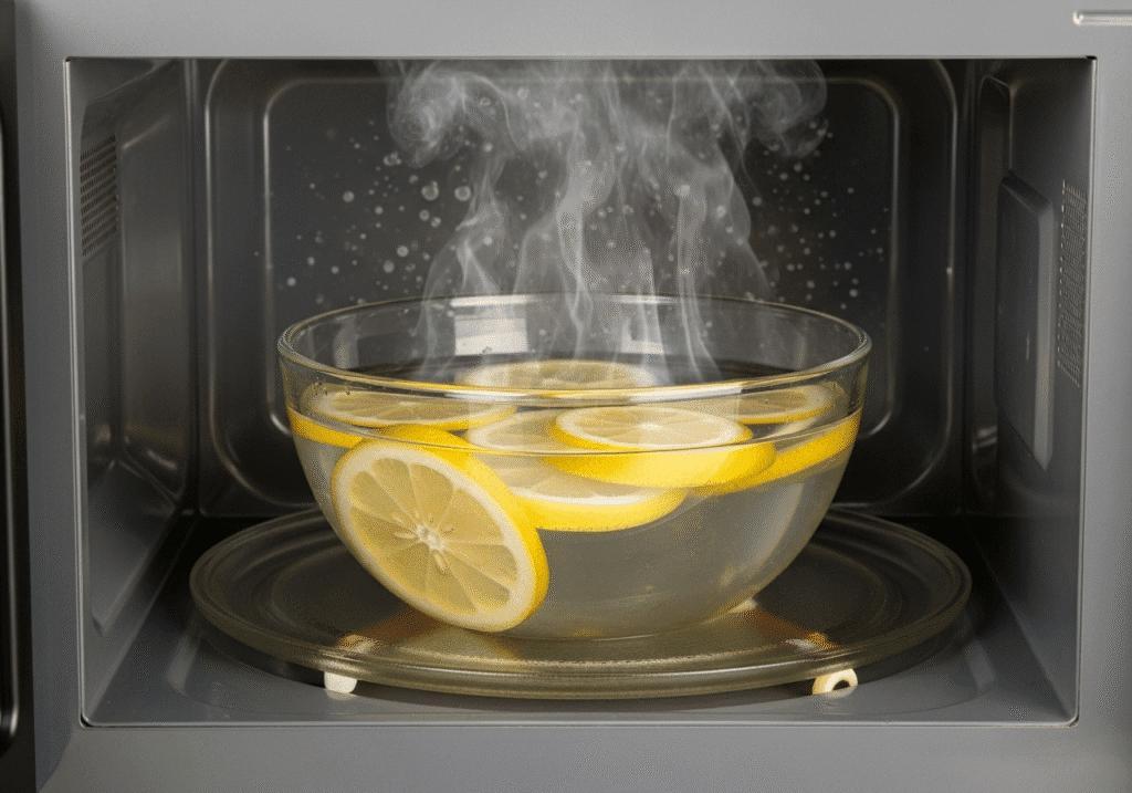 মাইক্রোওয়েভ পরিষ্কারের জন্য লেবু ও পানির বাষ্প পদ্ধতি ব্যবহার করা হচ্ছে।