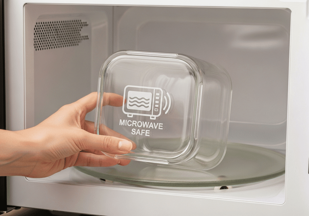 মাইক্রোওয়েভ-সেইফ চিহ্নিত একটি নিরাপদ কাঁচের পাত্র ব্যবহার করা হচ্ছে।