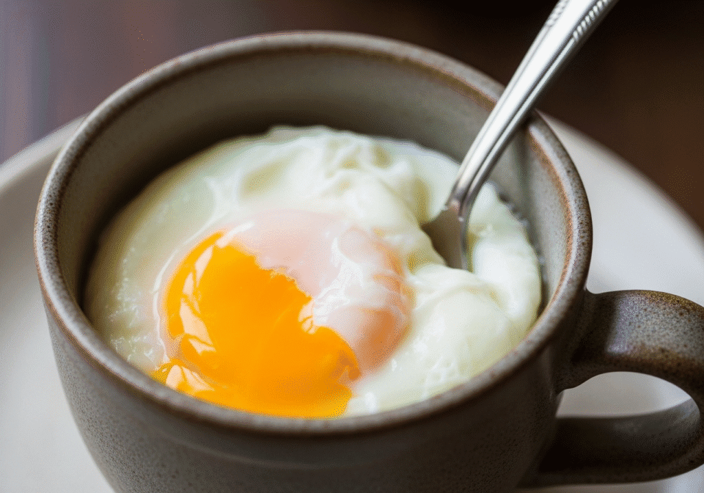 মাইক্রোওয়েভে একটি মগের মধ্যে তৈরি একটি পারফেক্ট পোচড এগ।