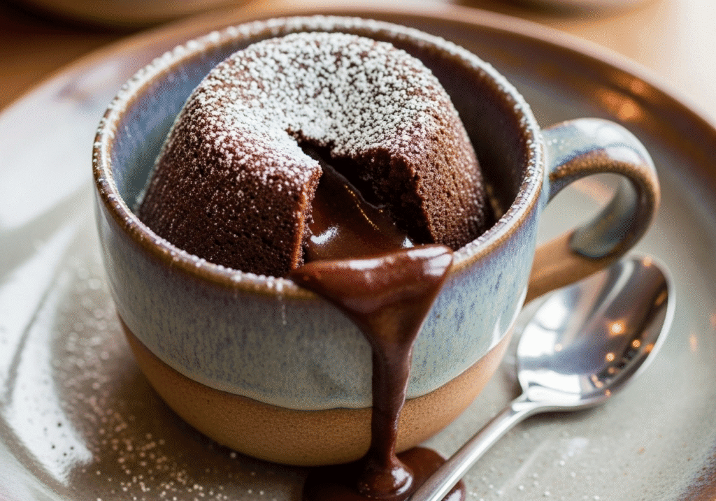 মাইক্রোওয়েভে তৈরি একটি সুস্বাদু এবং আকর্ষণীয় চকলেট মাগ কেক।