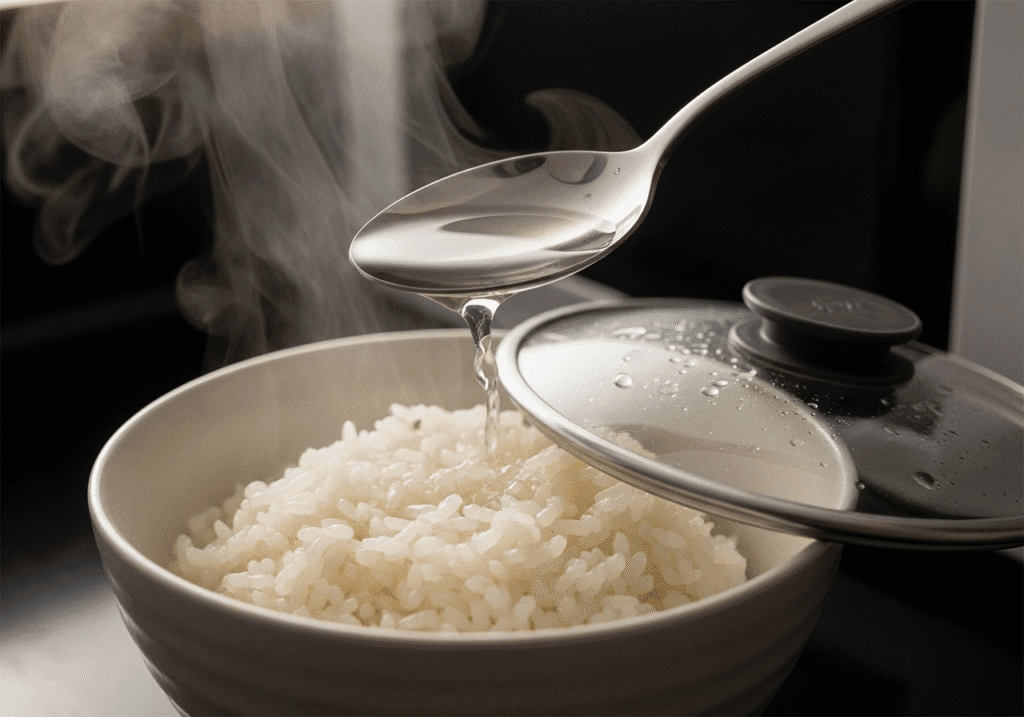 মাইক্রোওয়েভে ভাতকে নরম ও তাজা রাখতে সামান্য পানি যোগ করা হচ্ছে।