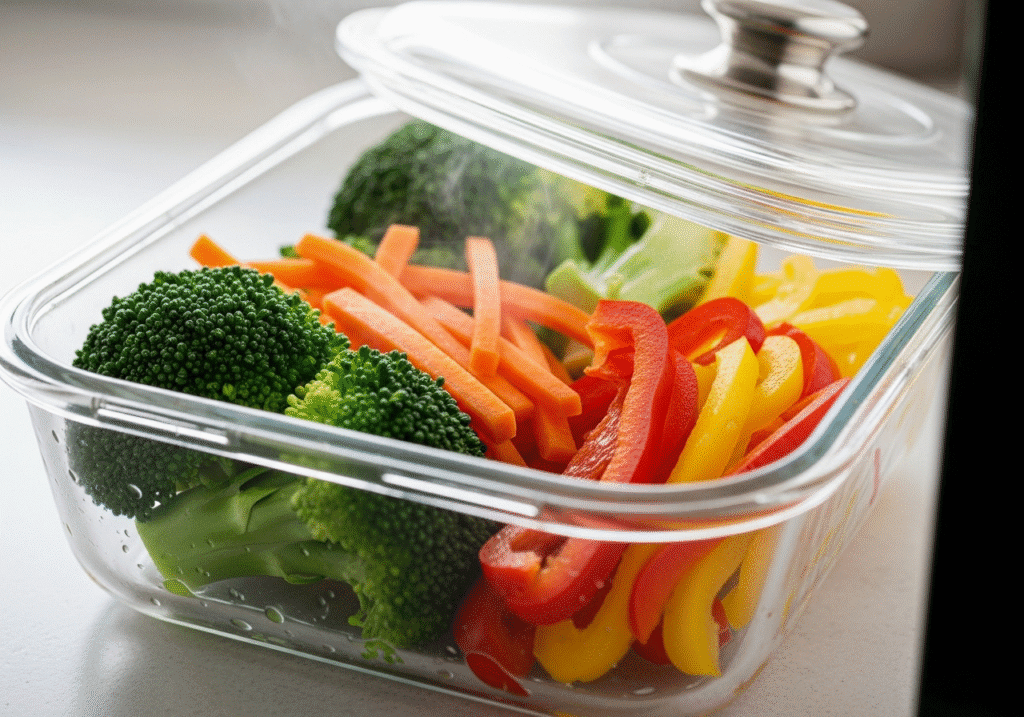 মাইক্রোওয়েভে ভাপে রান্না করা রঙিন ও সতেজ সবজি।