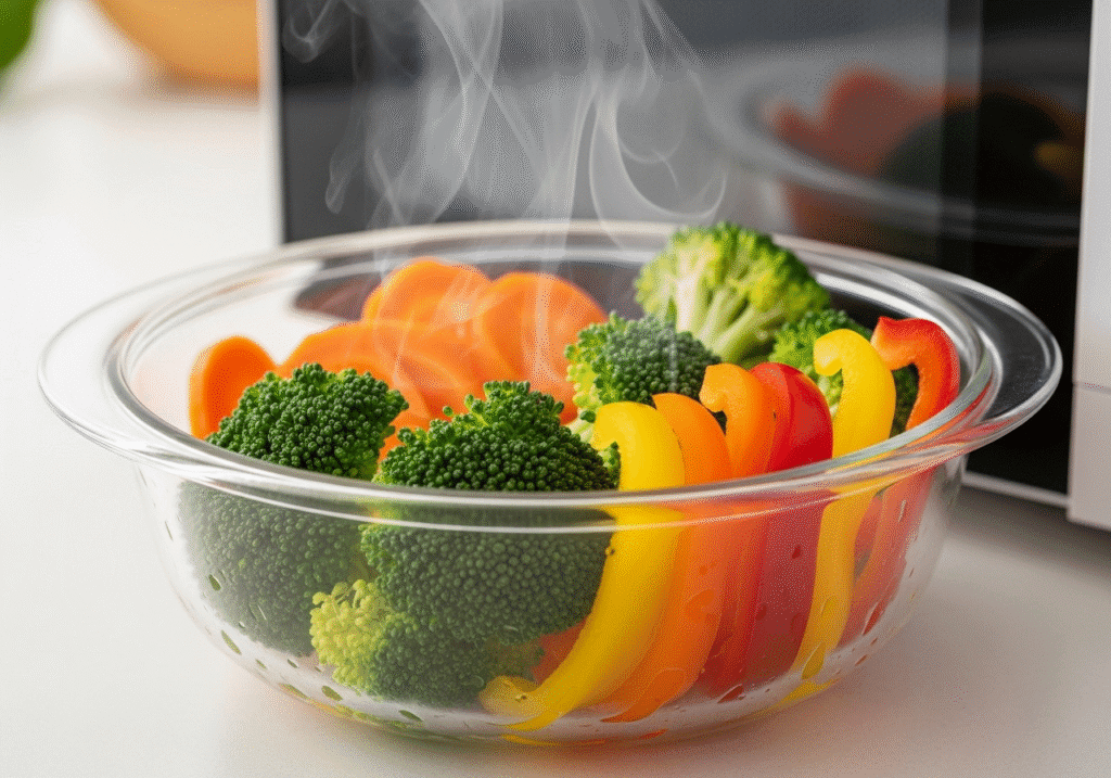 মাইক্রোওয়েভে রান্না করা তাজা এবং রঙিন সবজি, যা পুষ্টিগুণে ভরপুর।