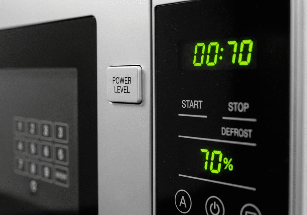 মাইক্রোওয়েভে সঠিক খাবার গরম করার জন্য পাওয়ার লেভেল এবং সময় নির্ধারণ করা হচ্ছে।