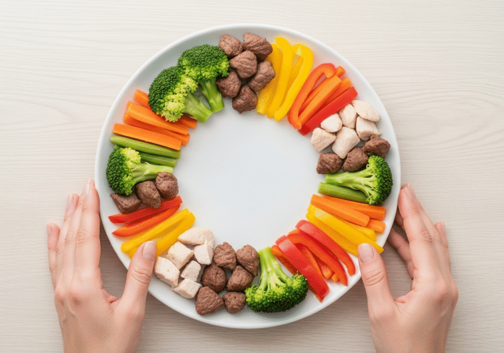 মাইক্রোওয়েভে সমানভাবে গরম করার জন্য প্লেটে খাবার রিং বা বৃত্তাকারে সাজানো হচ্ছে।