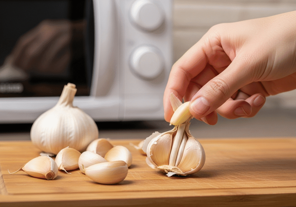 মাইক্রোওয়েভে সামান্য গরম করার পর সহজেই রসুনের খোসা ছাড়ানো হচ্ছে।