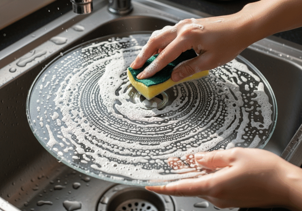 মাইক্রোওয়েভের কাঁচের ঘূর্ণন ট্রে বা টার্নটেবলটি সিঙ্কে পরিষ্কার করা হচ্ছে।