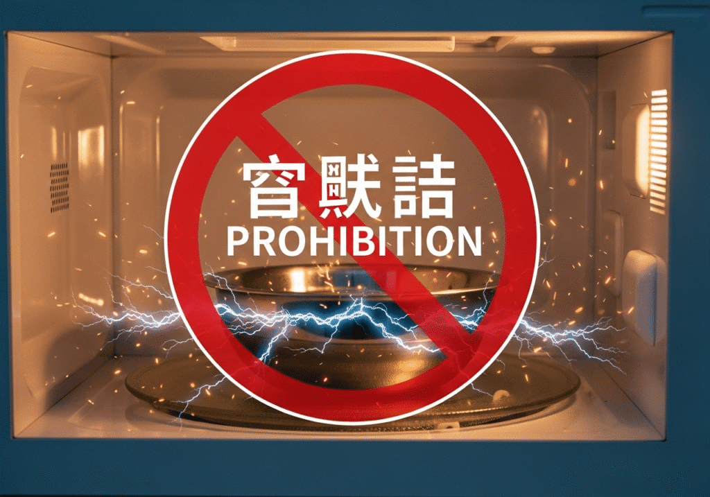 মাইক্রোওয়েভের ভেতরে রাখা একটি ধাতব পাত্র, যা ব্যবহার করা বিপজ্জনক।