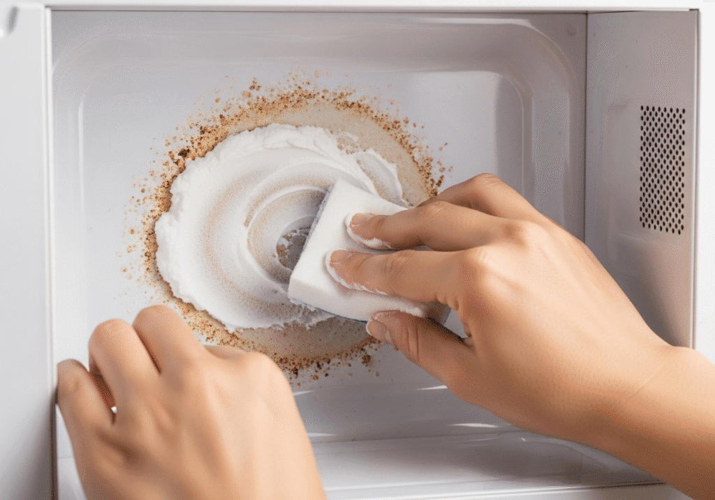 মাইক্রোওয়েভের ভেতরের কঠিন দাগ পরিষ্কার করার জন্য বেকিং সোডার পেস্ট লাগানো হচ্ছে।