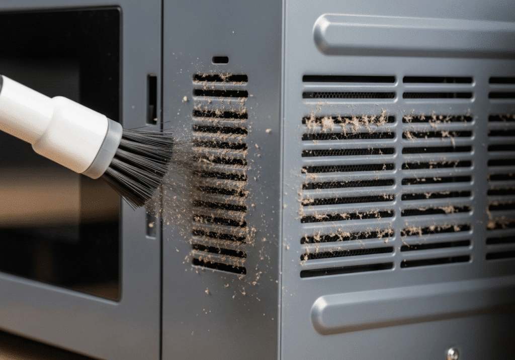 মাইক্রোওয়েভের ভেন্টিলেশন গ্রিল থেকে নরম ব্রাশ দিয়ে ধুলো পরিষ্কার করা হচ্ছে।