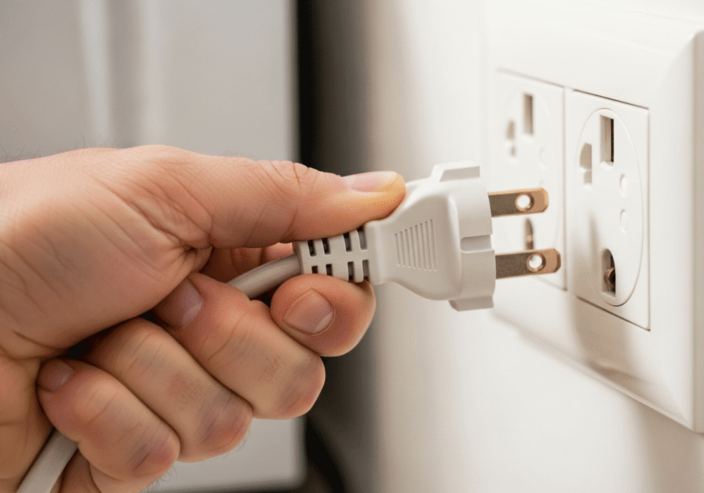 রক্ষণাবেক্ষণের আগে নিরাপত্তা নিশ্চিত করতে মাইক্রোওয়েভের প্লাগ খুলে নেওয়া হচ্ছে।