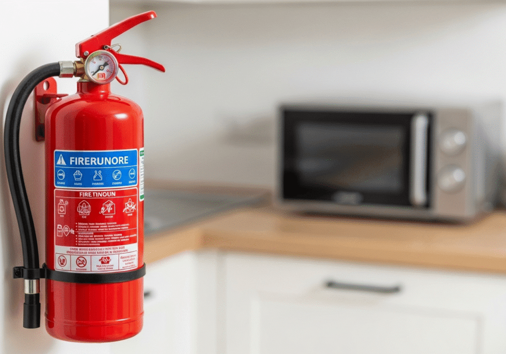 রান্নাঘরে জরুরি অবস্থার জন্য একটি অগ্নিনির্বাপক যন্ত্র প্রস্তুত রাখা আছে।.