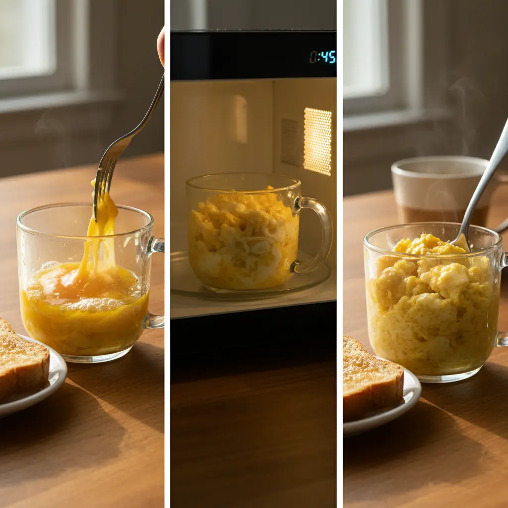 Three-step process showing how to make scrambled eggs in microwave oven in under 2 minutes.
