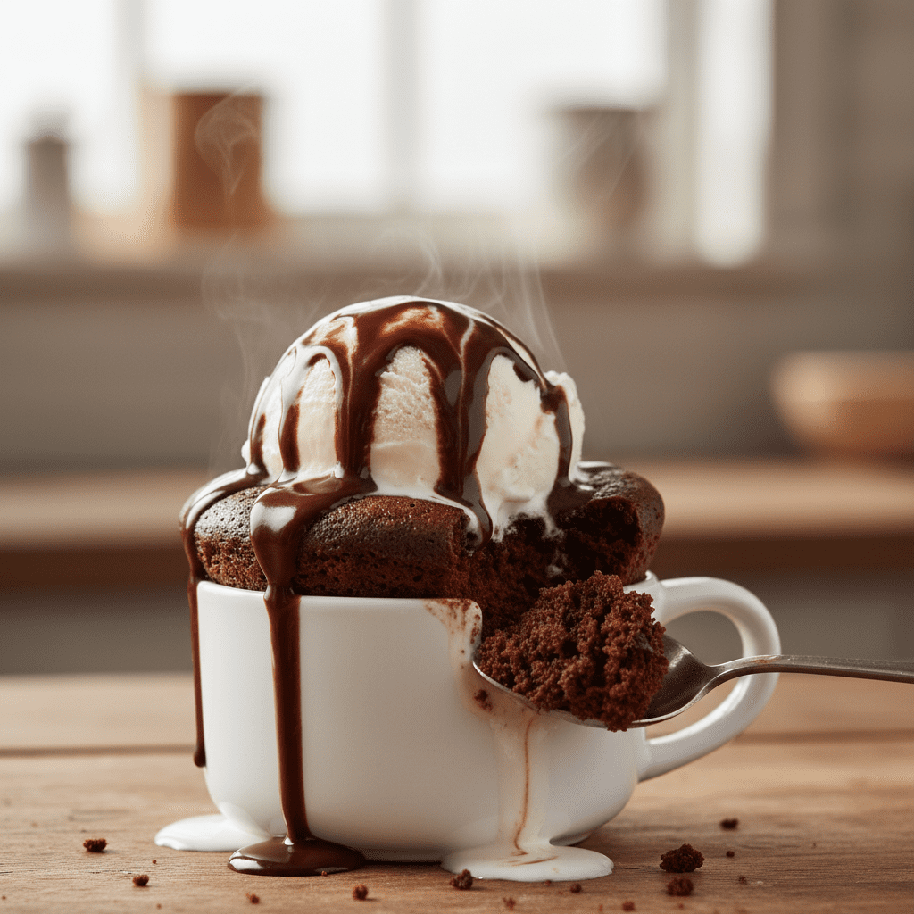  A decadent chocolate mug cake made in the microwave in 3 minutes, served with ice cream.