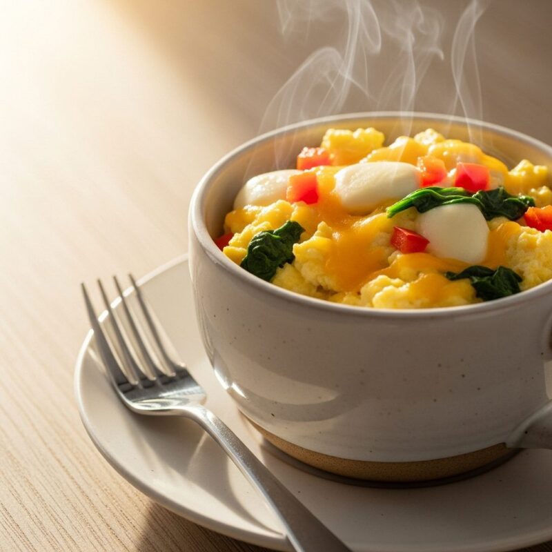 Fluffy 90 second savory egg mug with vegetables and cheese in white ceramic mug.