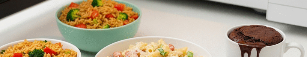 A collection of quick microwave recipes, including pasta carbonara, a chocolate mug brownie, and veggie fried rice, arranged on a kitchen counter.