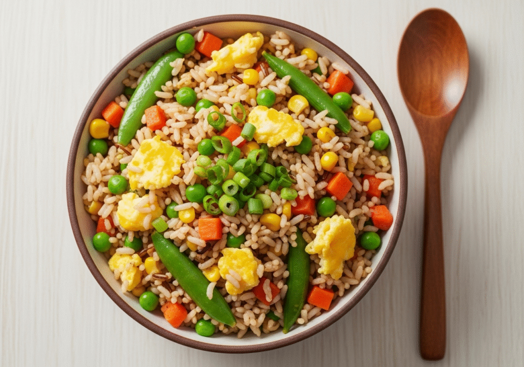 A colorful bowl of microwave veggie fried rice filled with peas, carrots, corn, and scrambled egg, topped with freshly sliced green onions.