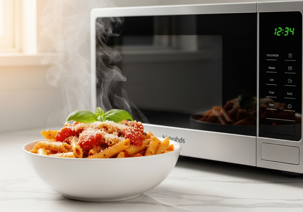 A delicious bowl of perfectly cooked microwave pasta with tomato sauce and parmesan cheese..