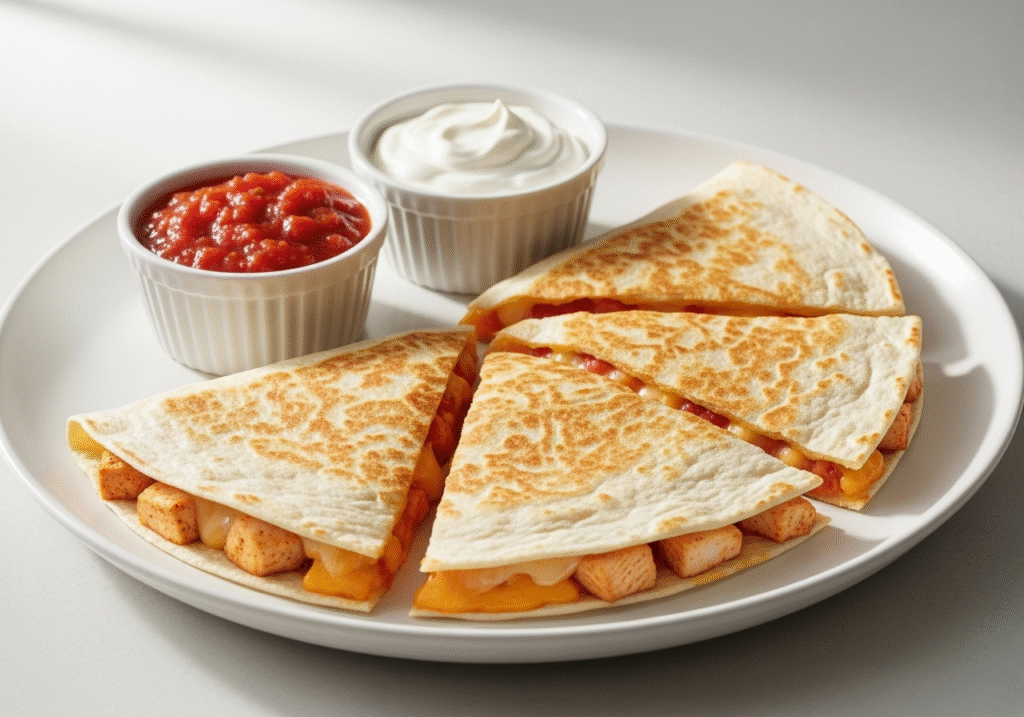 A microwave quesadilla on a plate, sliced into triangles to show the melted cheese and chicken filling inside.