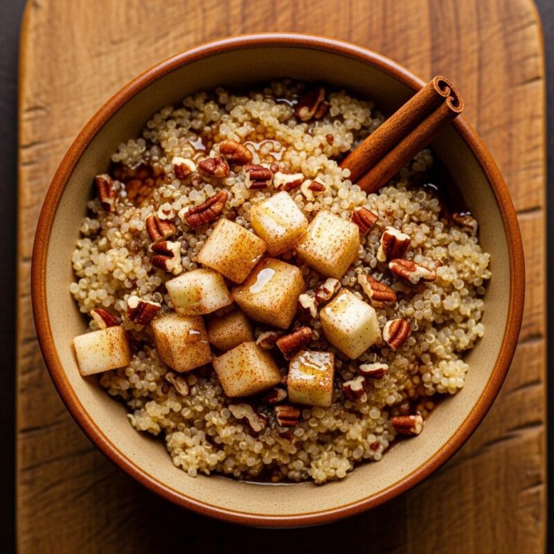 Apple cinnamon quinoa breakfast bowl with pecans and maple syrup in ceramic bowl.