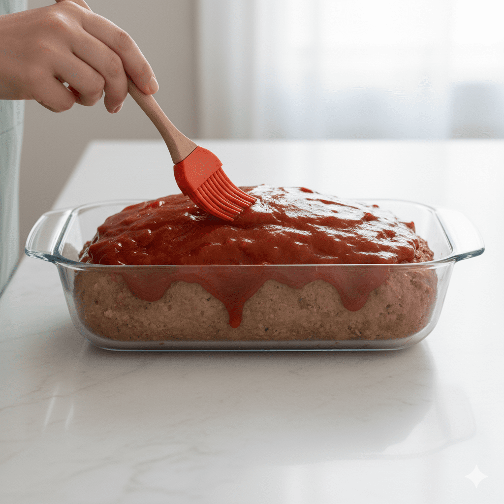 Brushing ketchup brown sugar glaze on microwave meatloaf recipe halfway through cooking time.