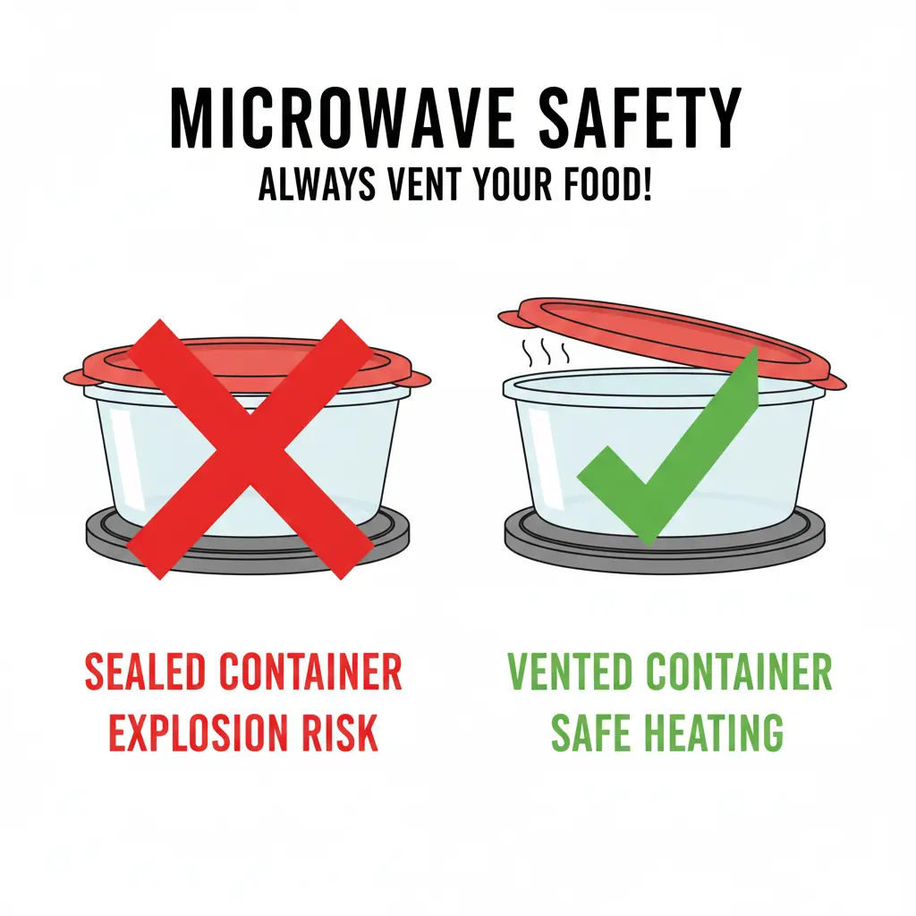 Comparison showing wrong sealed container versus correct vented container for microwave oven safety.