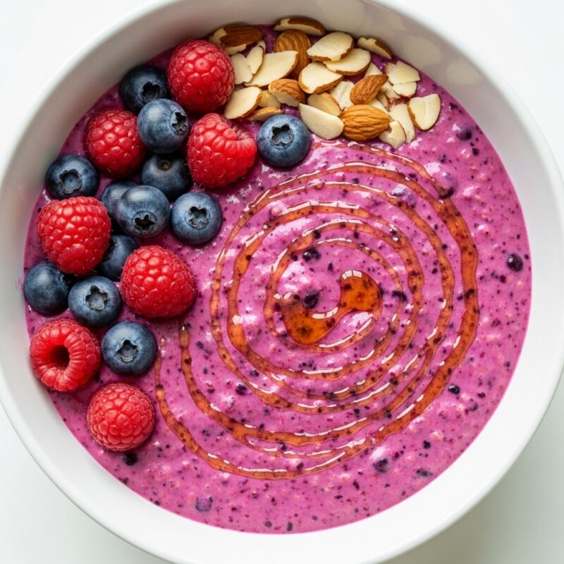 Berry almond oatmeal with fresh raspberries, blueberries, and sliced almonds in white bowl.