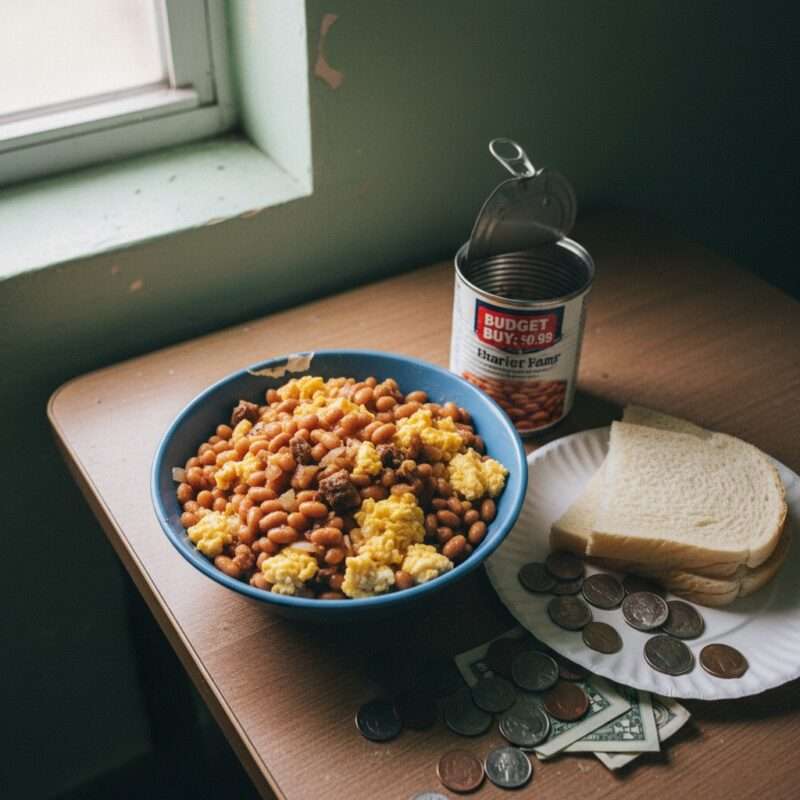 Affordable baked beans and egg microwave meal under one dollar showing budget food for broke students and migrant workers in hostels.