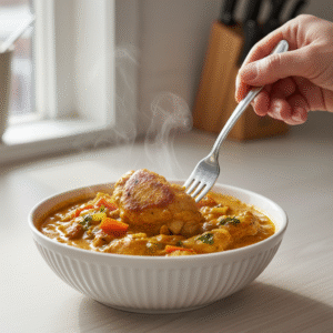 Testing cooked chicken in microwave curry to ensure safe cooking temperature.
