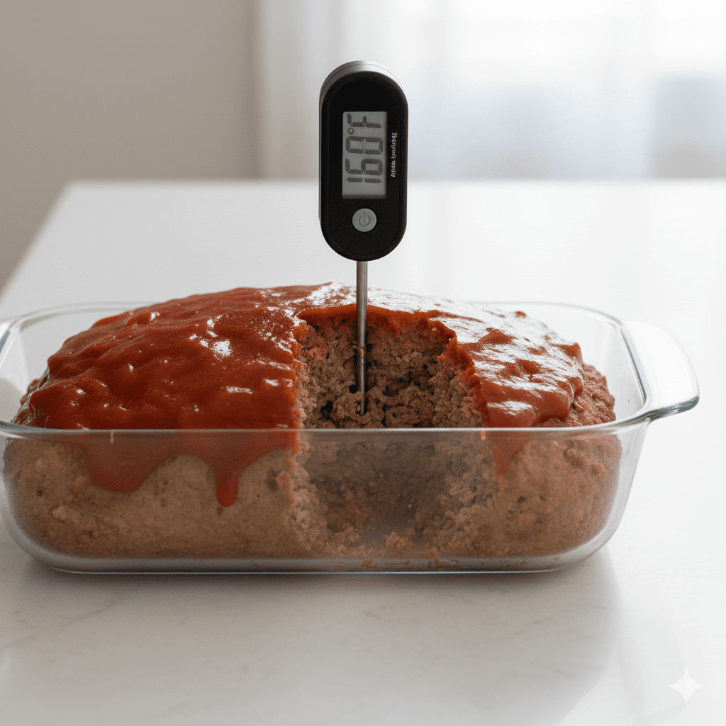 Meat thermometer showing 160 degrees in cooked microwave meatloaf recipe for food safety.