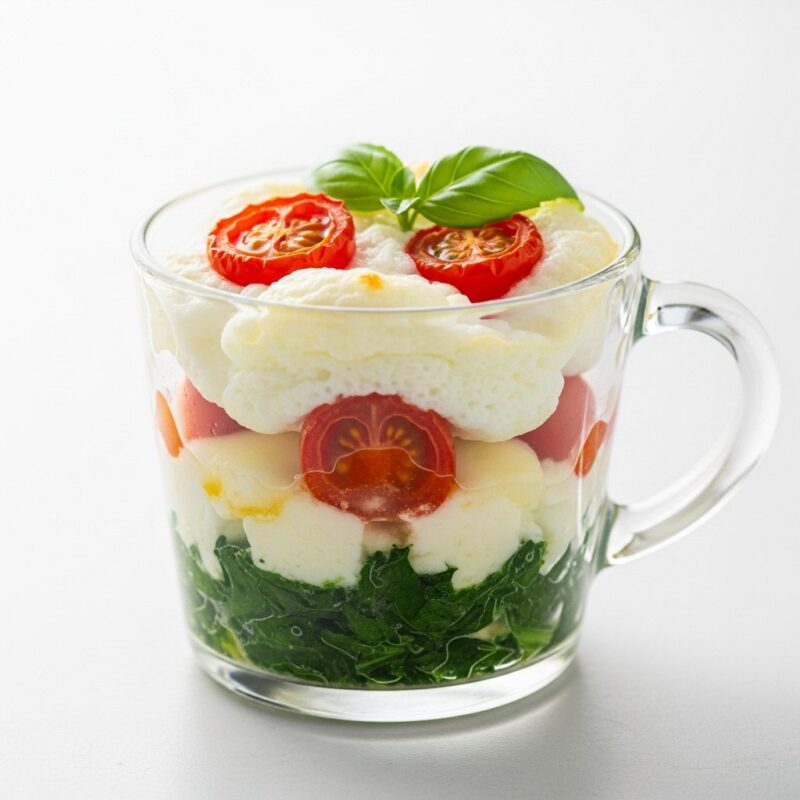 Cheesy spinach egg white cup with tomatoes and mozzarella in clear glass mug.