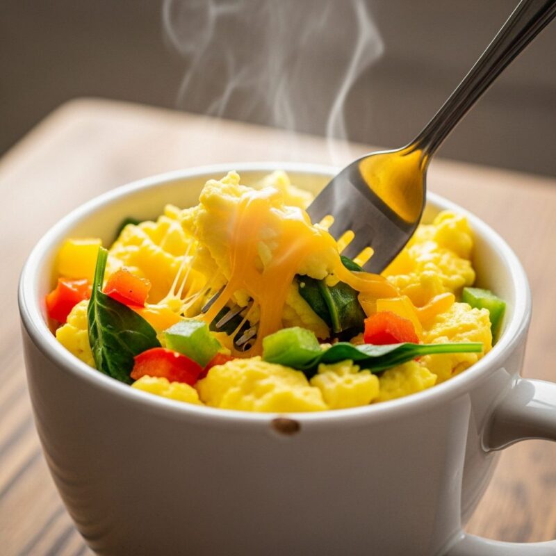 Close-up of a fork stirring a fluffy microwave egg scramble with melted cheese and colorful vegetables inside a white ceramic mug.