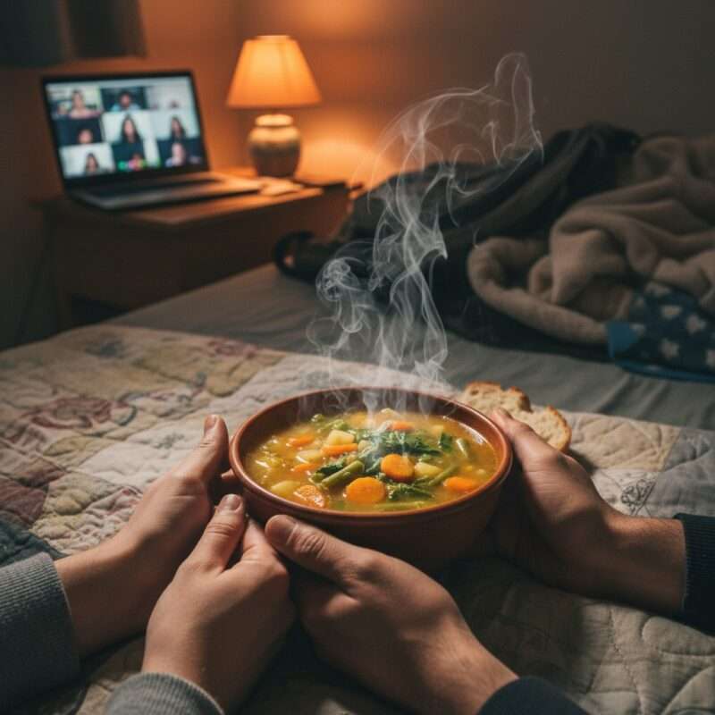 Warm microwave soup comfort food for homesick international students showing self-care meal while video calling family from hostel.
