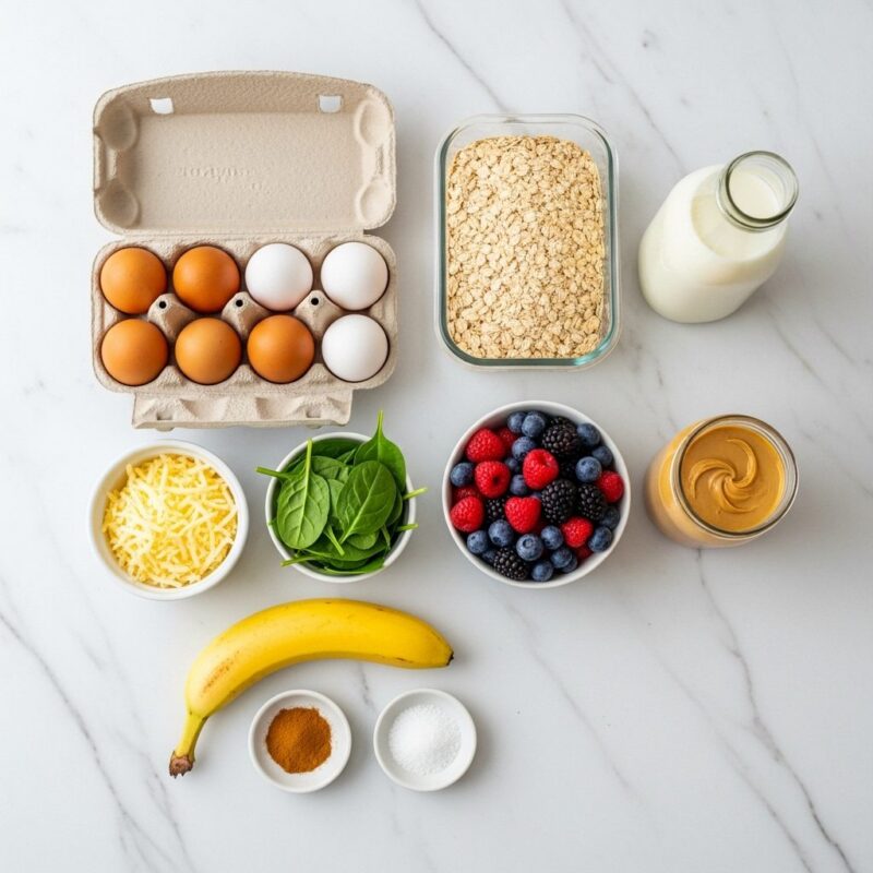 Common ingredients for healthy microwave breakfasts including eggs, oats, milk, and fresh produce on marble counter.