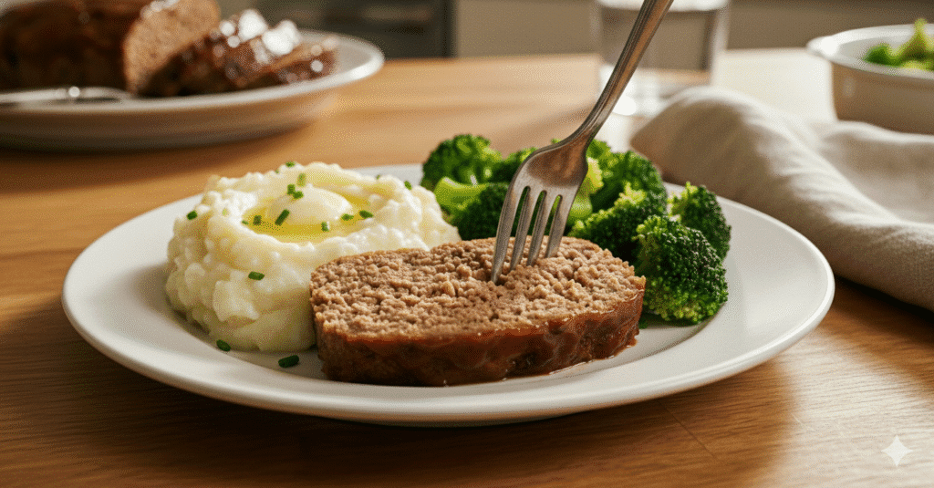Plated microwave meatloaf recipe slice with mashed potatoes and vegetables for easy weeknight dinner.