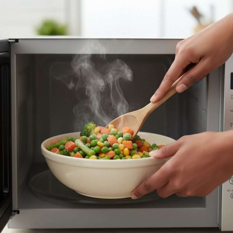 Hands stirring a bowl of vegetables using the simple Core Microwave Cooking Method, showing how easy it is to cook with the Microwave Cooking Time Chart.