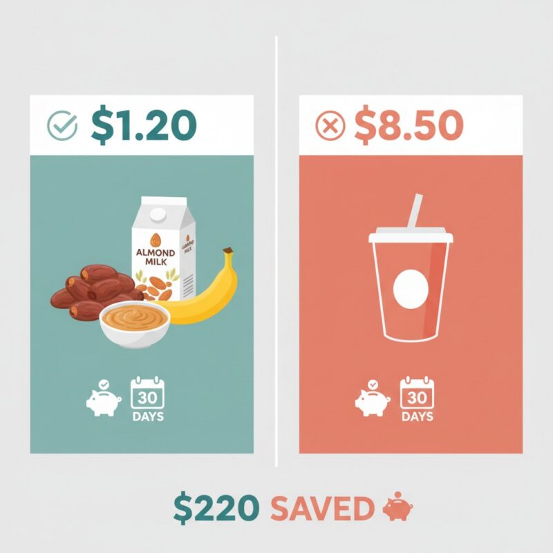 Cost comparison infographic showing homemade date milk shake at $1.20 versus $8.50 store-bought smoothie savings for students.