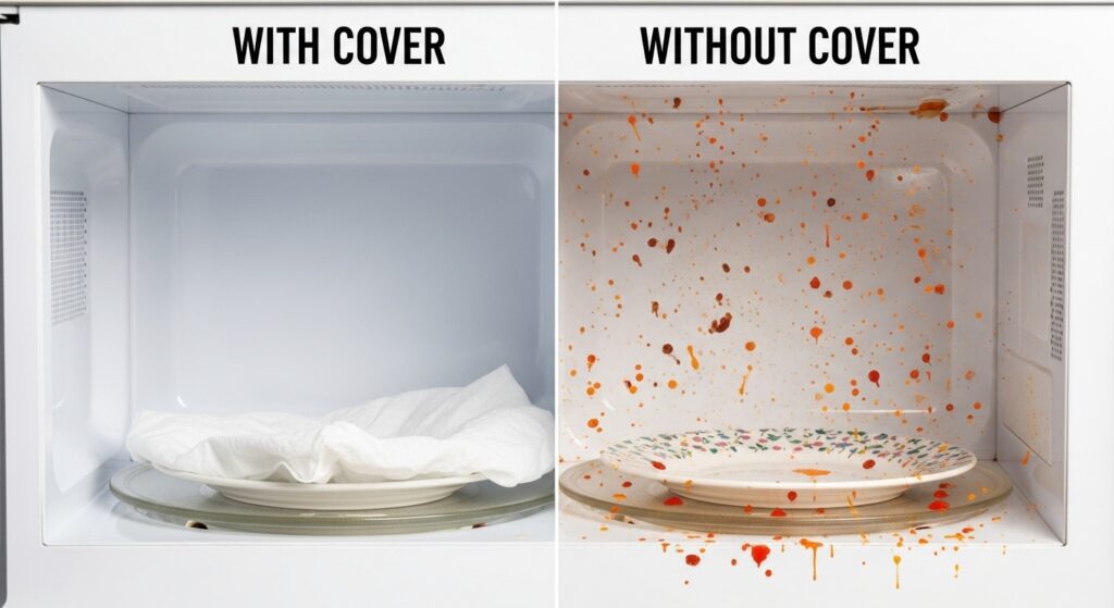Comparison showing covered food versus uncovered food splatter in microwave oven demonstrating proper covering technique.