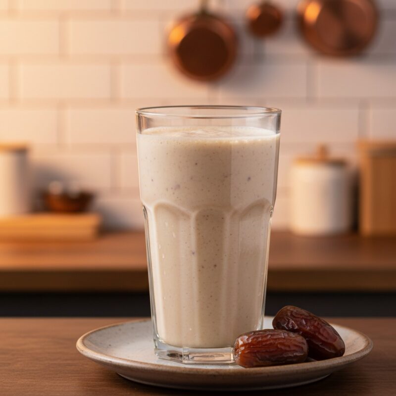 Finished date milk shake in glass with creamy texture and foam, perfect energy drink for Ramadan iftar.