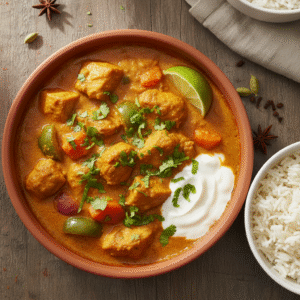 Microwave chicken curry recipe topped with cilantro and yogurt served with rice.
