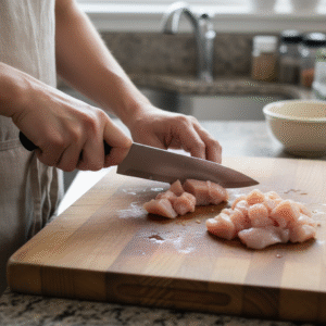 How to cut chicken breast into small pieces for fast microwave chicken curry cooking.