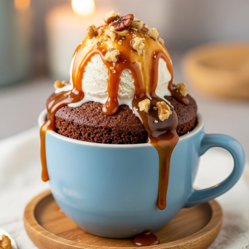 Microwave cake with ice cream, caramel, nuts.