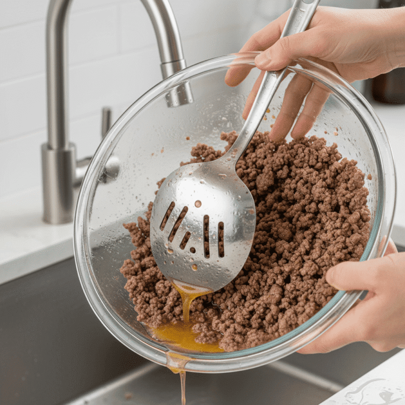 Draining excess grease from cooked ground beef in microwave safe bowl over kitchen sin.