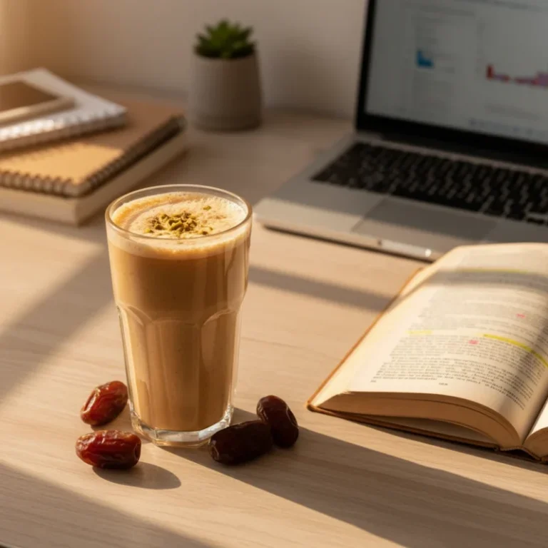 Creamy date and milk shake on student desk with laptop and textbook for breaking fast during Ramadan iftar.