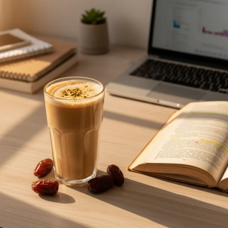 Creamy date and milk shake on student desk with laptop and textbook for breaking fast during Ramadan iftar.