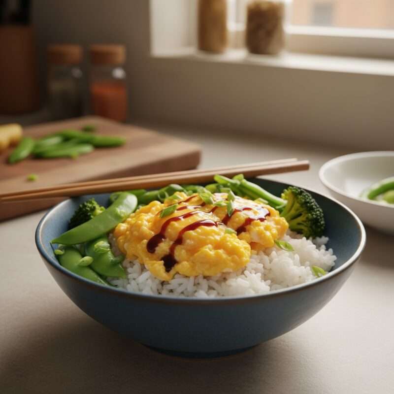 Affordable homemade rice bowl with egg and vegetables, simple student meal inspired by home cooking traditions.