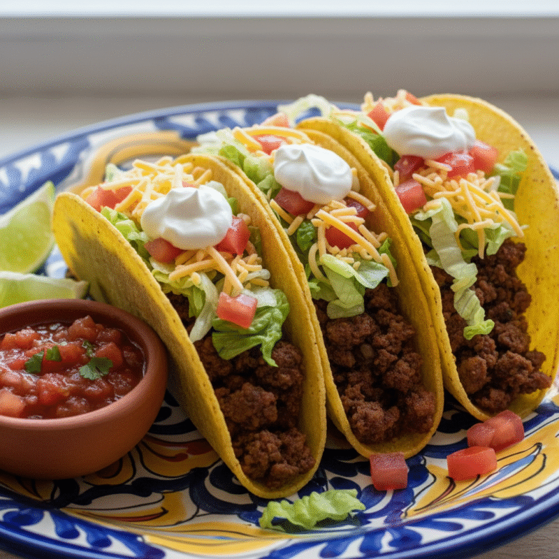 Assembled beef tacos made with microwave cooked ground beef topped with cheese lettuce tomatoes and sour cream.
