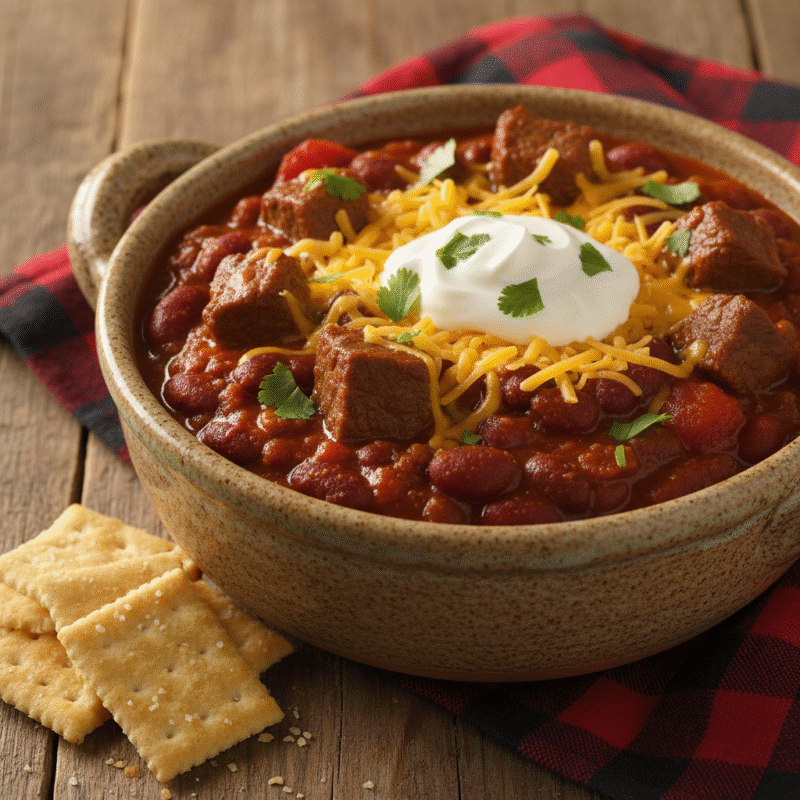 Microwave-Beef-and-Bean-Chili served with a ceramic bowl.