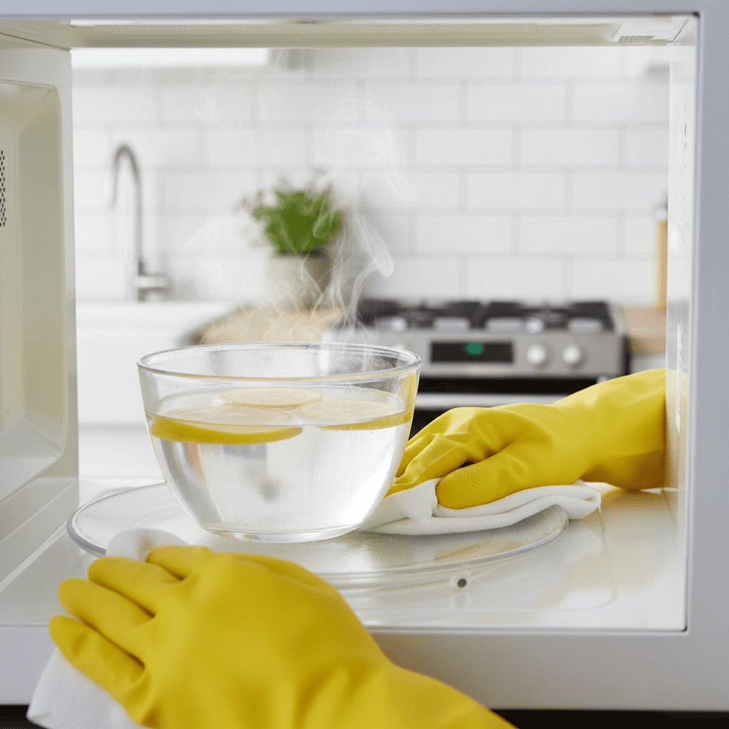 Person cleaning microwave oven interior with natural lemon steam cleaning method - microwave maintenance tips